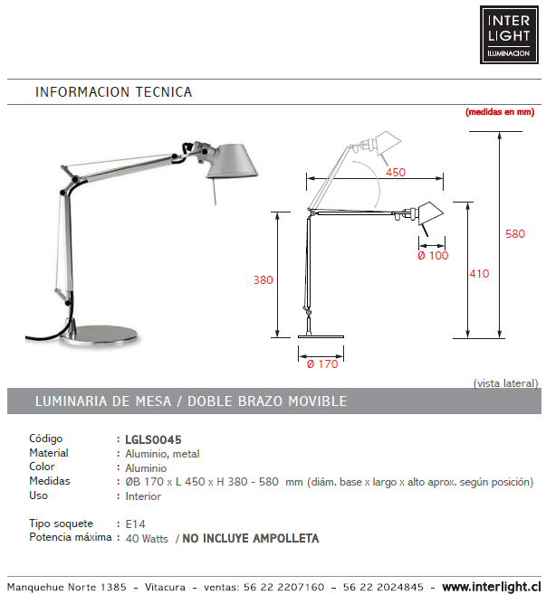 Lámpara sobremesa metal articulado aluminio E14 - LGLS0045