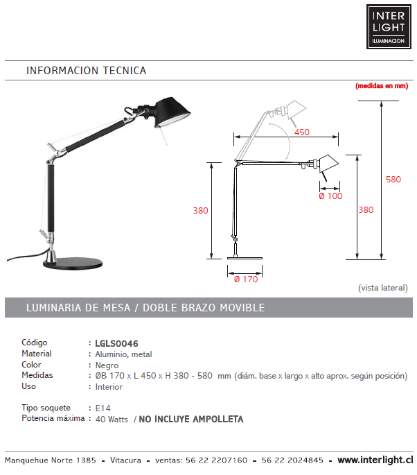 Lámpara sobremesa metal articulado negro E14 - LGLS0046