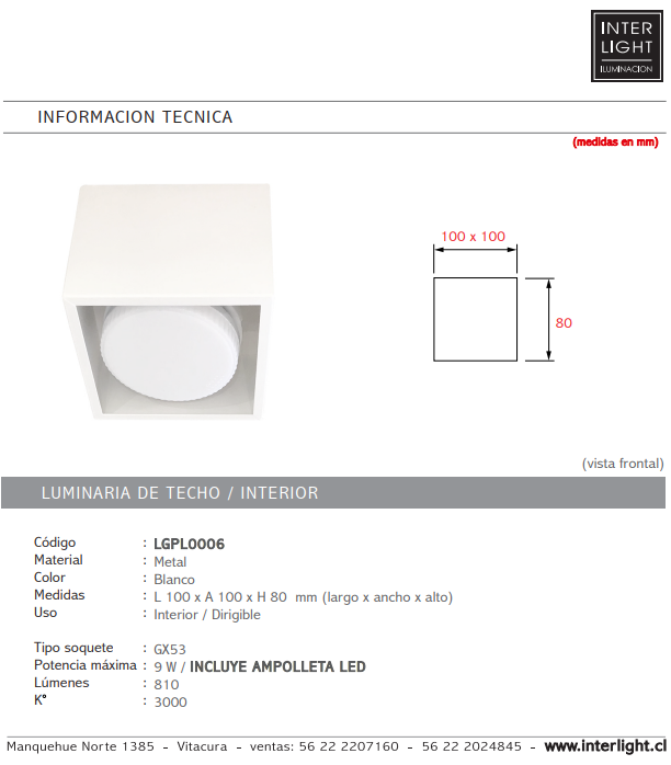 Plafón metal blanco dirigible GX53 - LGPL0006