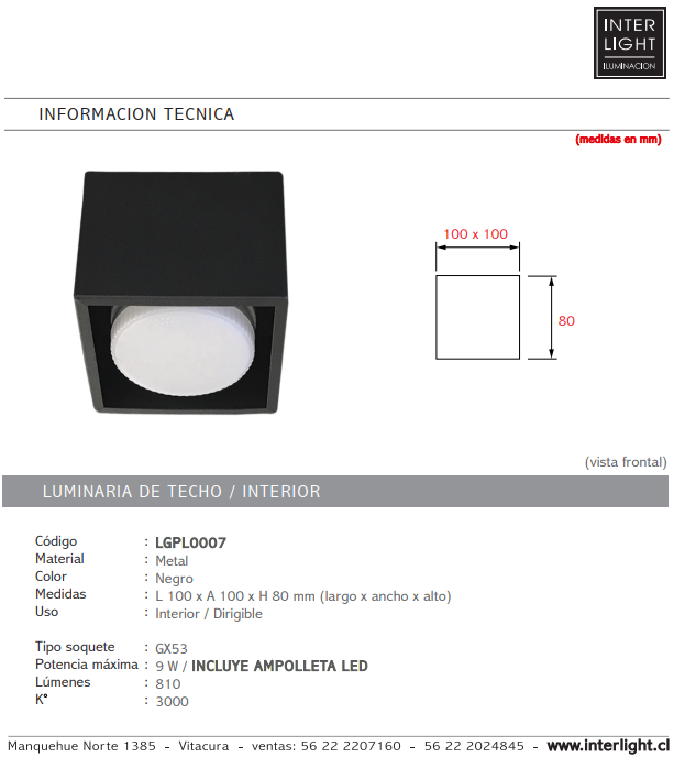 Plafón metal negro dirigible GX53 - LGPL0007