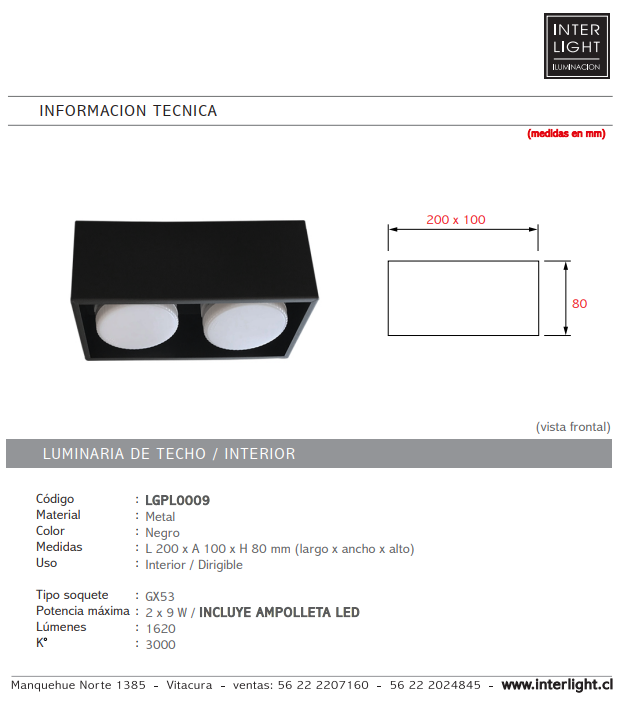 Plafón metal negro dirigible 2 luces GX53 - LGPL0009