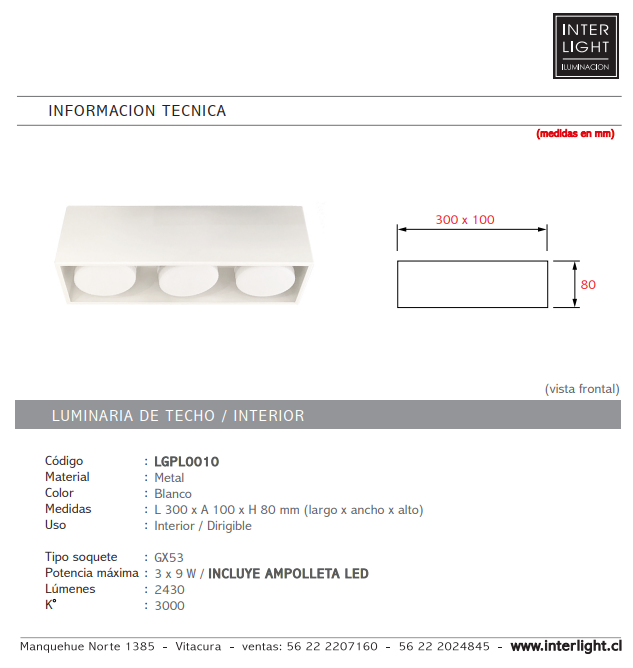Plafón metal blanco dirigible 3 luces GX53 - LGPL0010