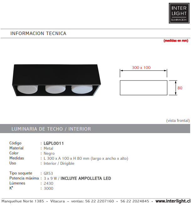 Plafón metal negro dirigible 3 luces GX53 - LGPL0011