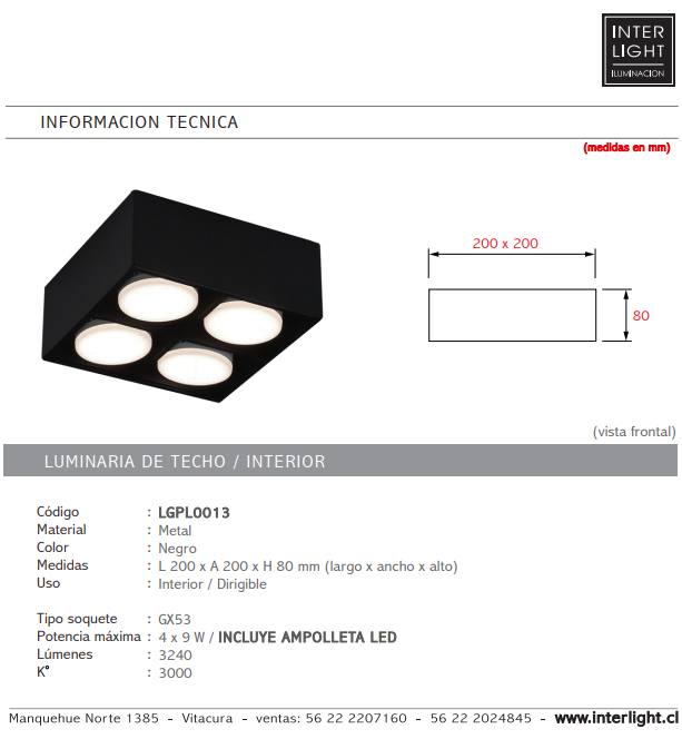 Plafón metal negro dirigible 4 luces GX53 - LGPL0013