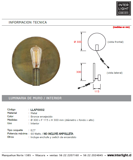 Apliqué metal bronce Ø 30 cm E27 - LLAP0002