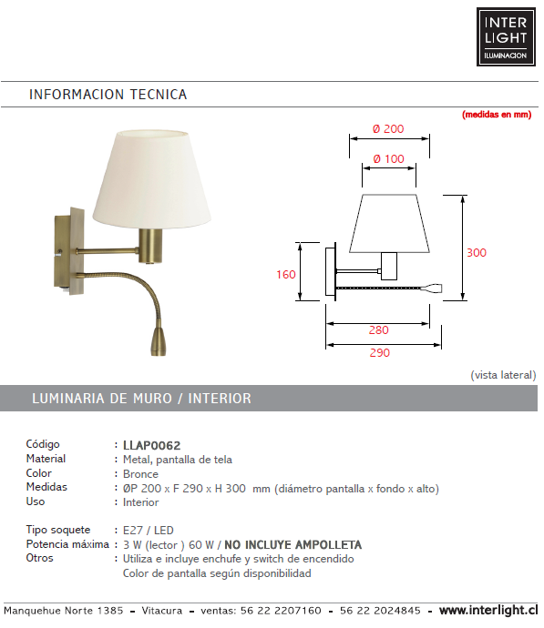 Apliqué lector metal bronce pantalla blanco E27 LED 3W - LLAP0056