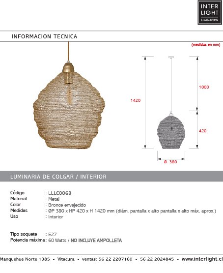 Lámpara colgante metal bronce envejecido Ø38 cm E27 - LLLC0063