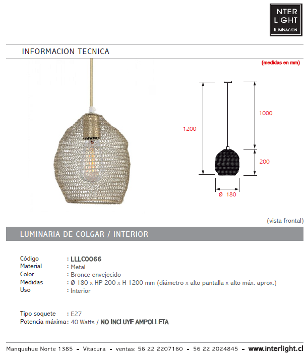 Lámpara colgante metal bronce envejecido Ø 18 cm E27 - LLLC0066