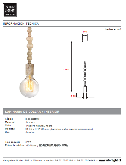 Lámpara colgante madera natural Ø 5 cm E27 - LLLC0099