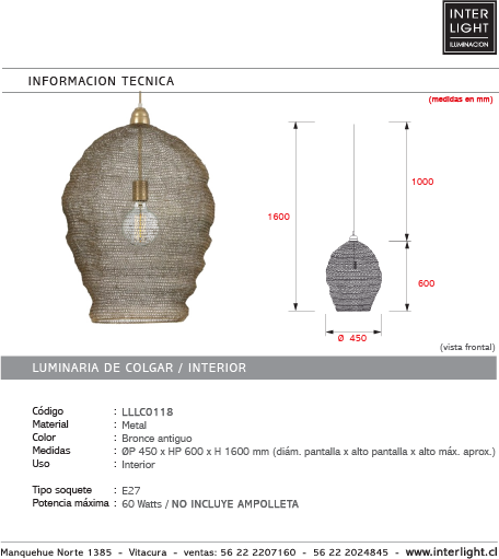 Lámpara colgante metal bronce antiguo Ø45 cm E27 - LLLC0118