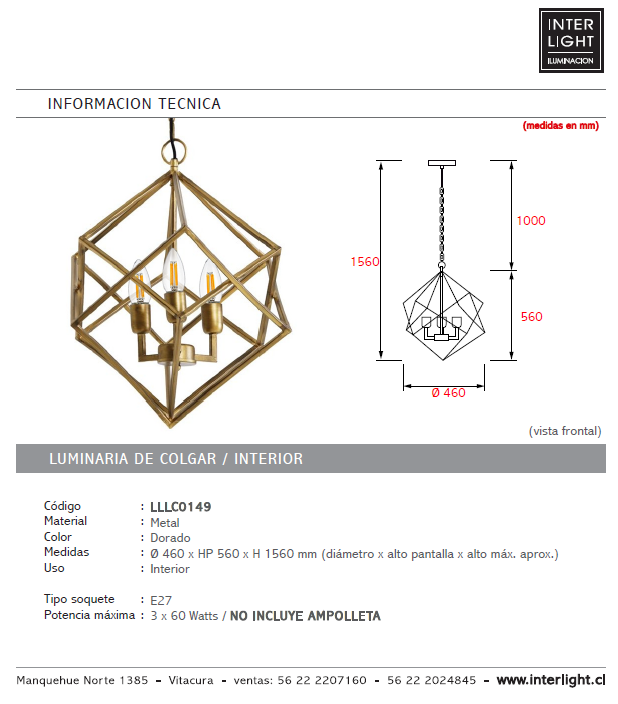 Lámpara colgante metal bronce envejecido Ø 46 cm 3 luces  E27 - LLLC0149