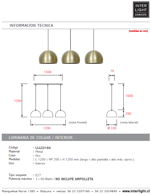 Lámpara colgante metal oro 1,20 cm 3 luces E27 - LLLC0166