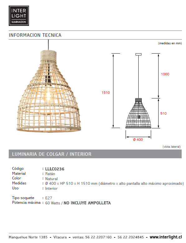 Lámpara colgante  ratán natural Ø40 cm E27 - LLLC0236