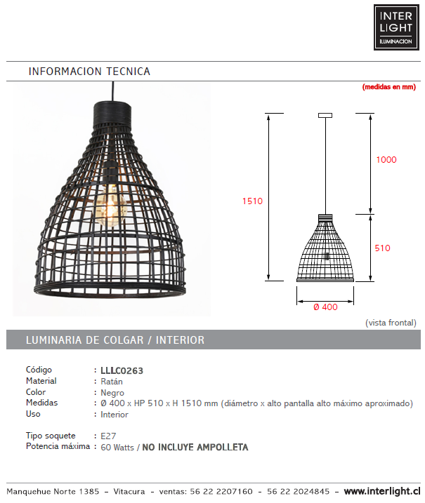 Lámpara colgante ratán negro Ø 40 cm E27 - LLLC0263