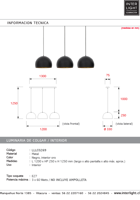 Lámpara colgante metal negro 1,20 mt. 3 luces cm E27 - LLLC0269