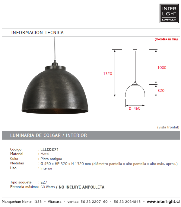 Lámpara colgante metal plata antigua Ø 45 cm E27 - LLLC0271