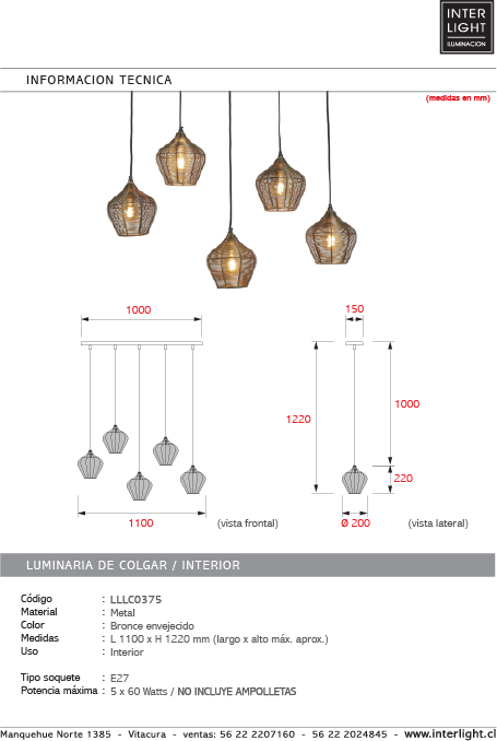 Lámpara colgante metal bronce envejecido 1,00x22 cm 5 luces E27 - LLLC0375