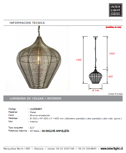 Lámpara colgante metal bronce envejecido Ø34 cm E27 - LLLC0401