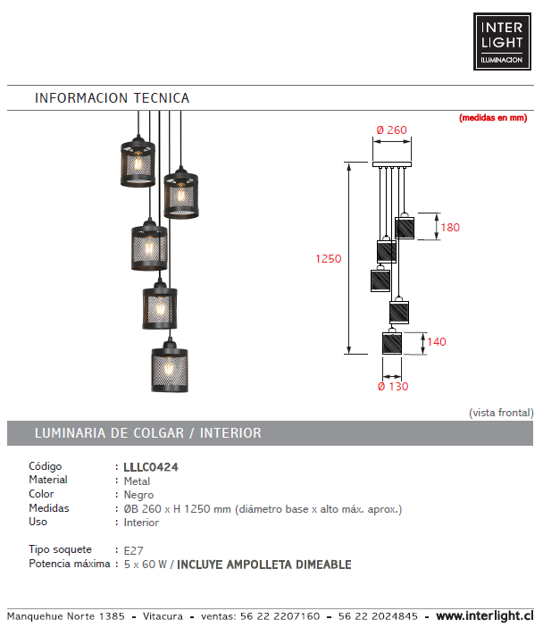 Lámpara colgante metal negro Ø26 cm 5 luces E27 - LLLC0424