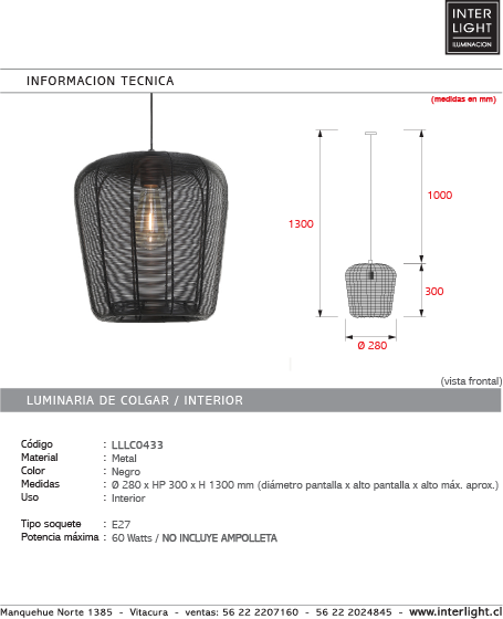 Lámpara colgante metal negro Ø28 cm E27 - LLLC0433