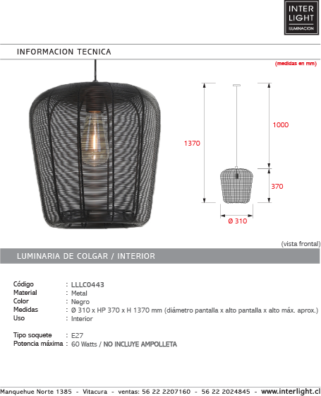 Lámpara colgante metal negro Ø31 cm E27 - LLLC0443