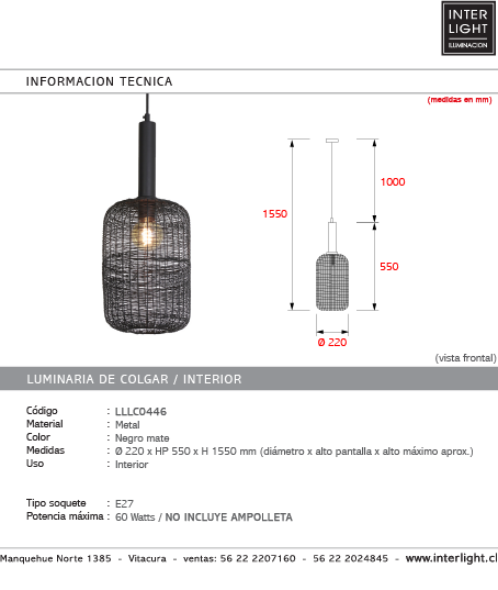 Lámpara colgante metal negro mate Ø22x55 cm E27 - LLLC0446