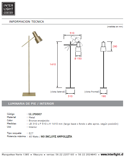 Lámpara de pie metal bronce envejecido 31x1,410 cm E27 - LLLP0007