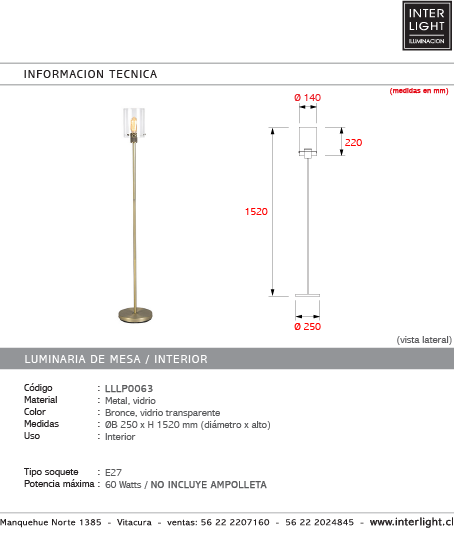 Lámpara de pie metal vidrio transparente bronce envejecido Ø25x1,52cm  E27 - LLLP0063
