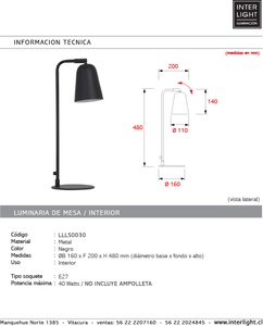 Lámpara sobremesa metal negro Ø16x48 cm E27 - LLLS0030