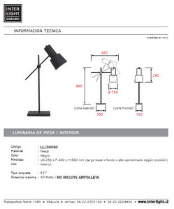 Lámpara sobremesa metal negro 25x68 cm E27 - LLLS0040