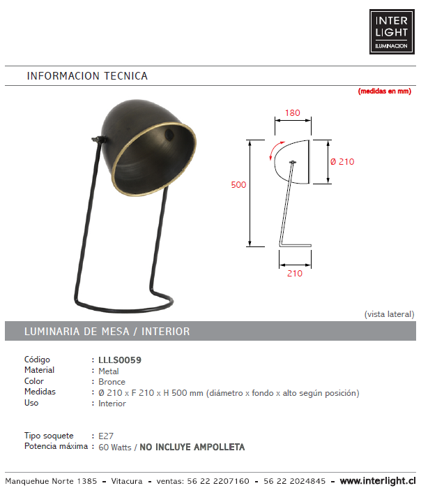 Lámpara sobremesa metal bronce Ø 21x50 cm  E27 - LLLS0059