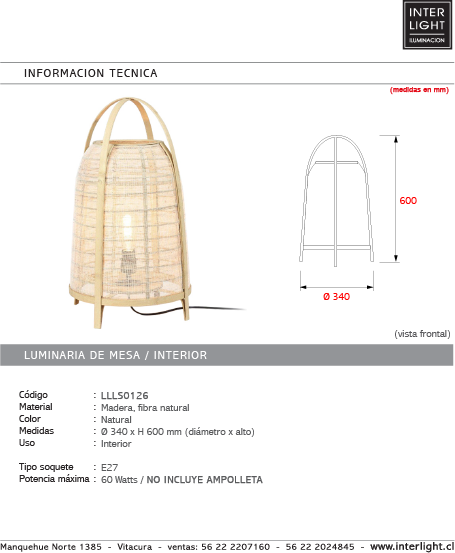 Lámpara sobremesa madera fibra natural Ø34x60 cm E27 - LLLS0126