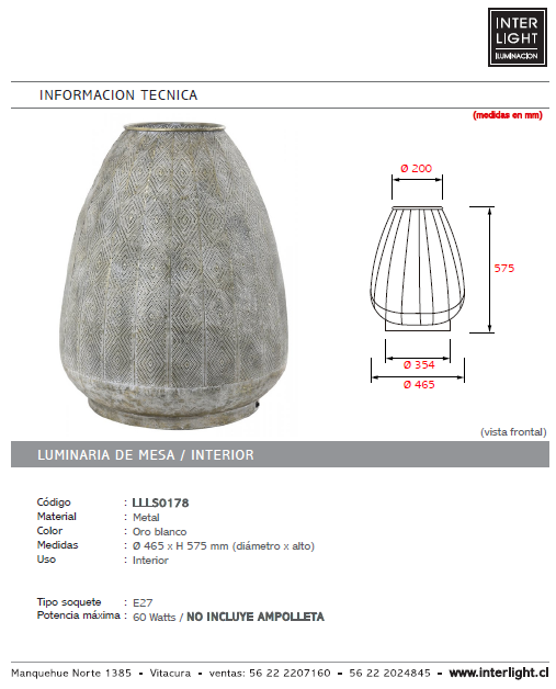 Lámpara sobremesa metal oro blanco Ø 46,5x57,5 cm E27 - LLLS0178
