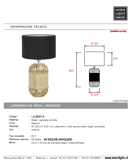 Lámpara sobremesa ratán pantalla tela  Ø 23x62 cm E27 - LLLS0213