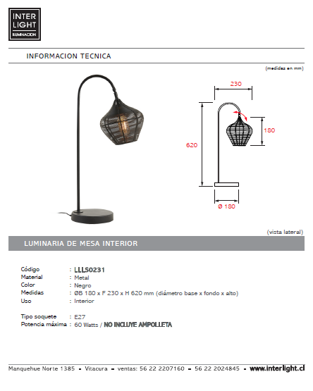Lámpara sobremesa metal negro Ø 18x62 cm E27 - LLLS0231