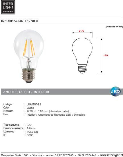 Ampolleta transparente dimeable luz cálida LED E27 8W - LUAM0011