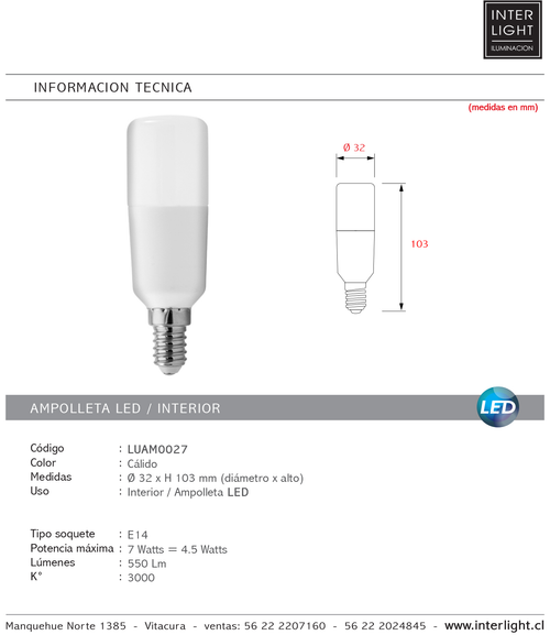 Ampolleta luz cálida LED E14 7w- LUAM0027