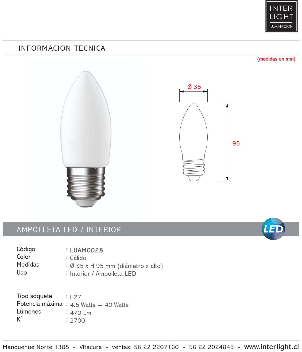 Ampolleta empavonada vela LED E27 - LUAM0028