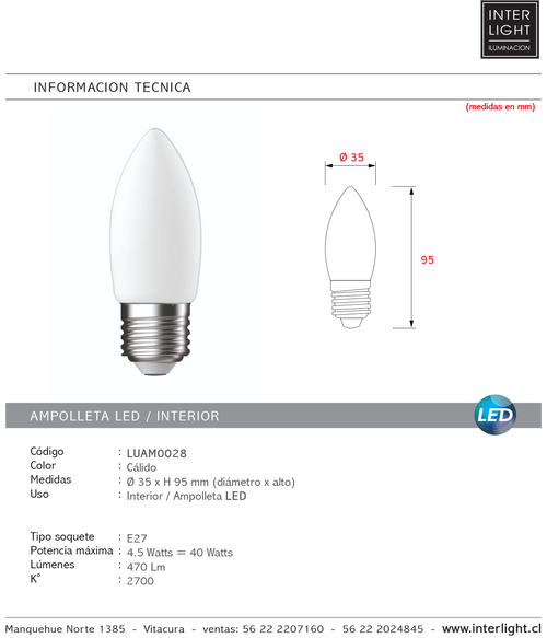 Ampolleta empavonada vela LED E27 - LUAM0028