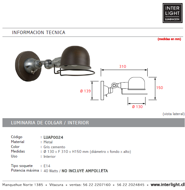 Apliqué metal gris cemento 13x15 cm E14 - LUAP0024