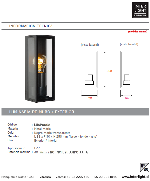 Apliqué metal vidrio negro exterior / interior largo 25,8 x 8,6 x 9 uhcm alto IP65 E27 - LUAP0068