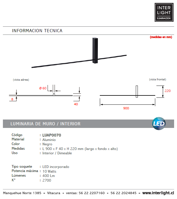 Apliqué aluminio negro luz indirecta 90x22 cm LED 10W - LUAP0070