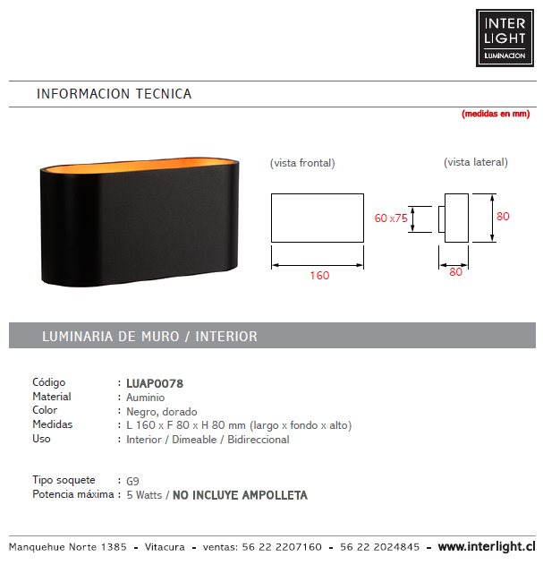 Apliqué metal negro dorado bidireccional 16x80 cm G9 - LUAP0078