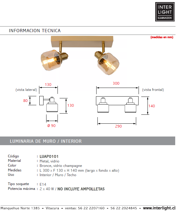Apliqué metal vidrio bronce 30x14 cm 2 luces E14 - LUAP0101