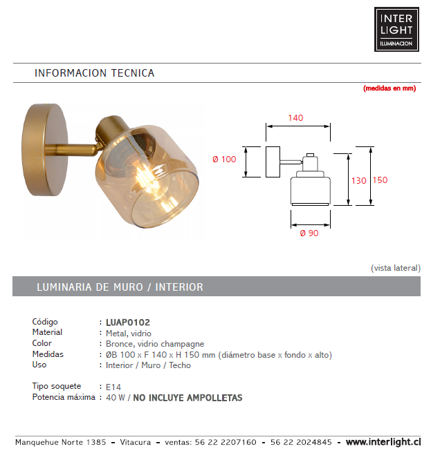 Apliqué metal vidrio bronce Ø10x15 cm E14 - LUAP0102