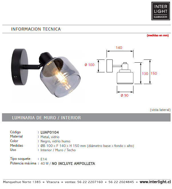 Apliqué metal vidrio humo Ø10x15 cm E14 - LUAP0104