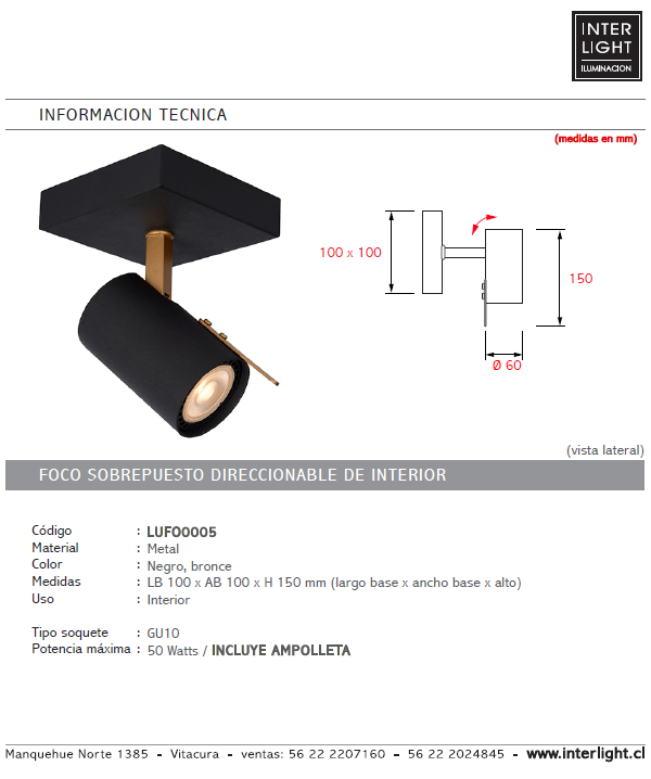 Foco metal negro bronce 10x15 cm GU10 - LUFO0005