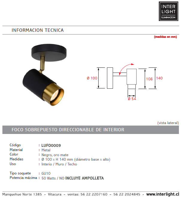 Foco metal negro oro mate 10 x 14 cm GU10 - LUFO0009