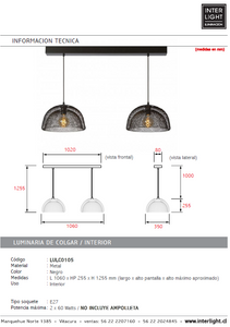 Lámpara colgante metal negro 1,06 mt. 2 luces E27 - LULC0105