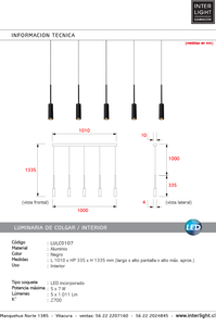 Lámpara colgante aluminio negro 1,01 mt. LED 5 luces 35W - LULC0107
